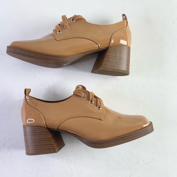 Soda Beige Square Toe Patent Leather Block Heel Lace Up Glossy Loafers Sz 10 - Picture 8 of 11